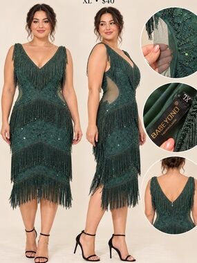 BABEYOND Emerald Green Beaded Fringe Flapper Dress XL Mesh Cutout Sides